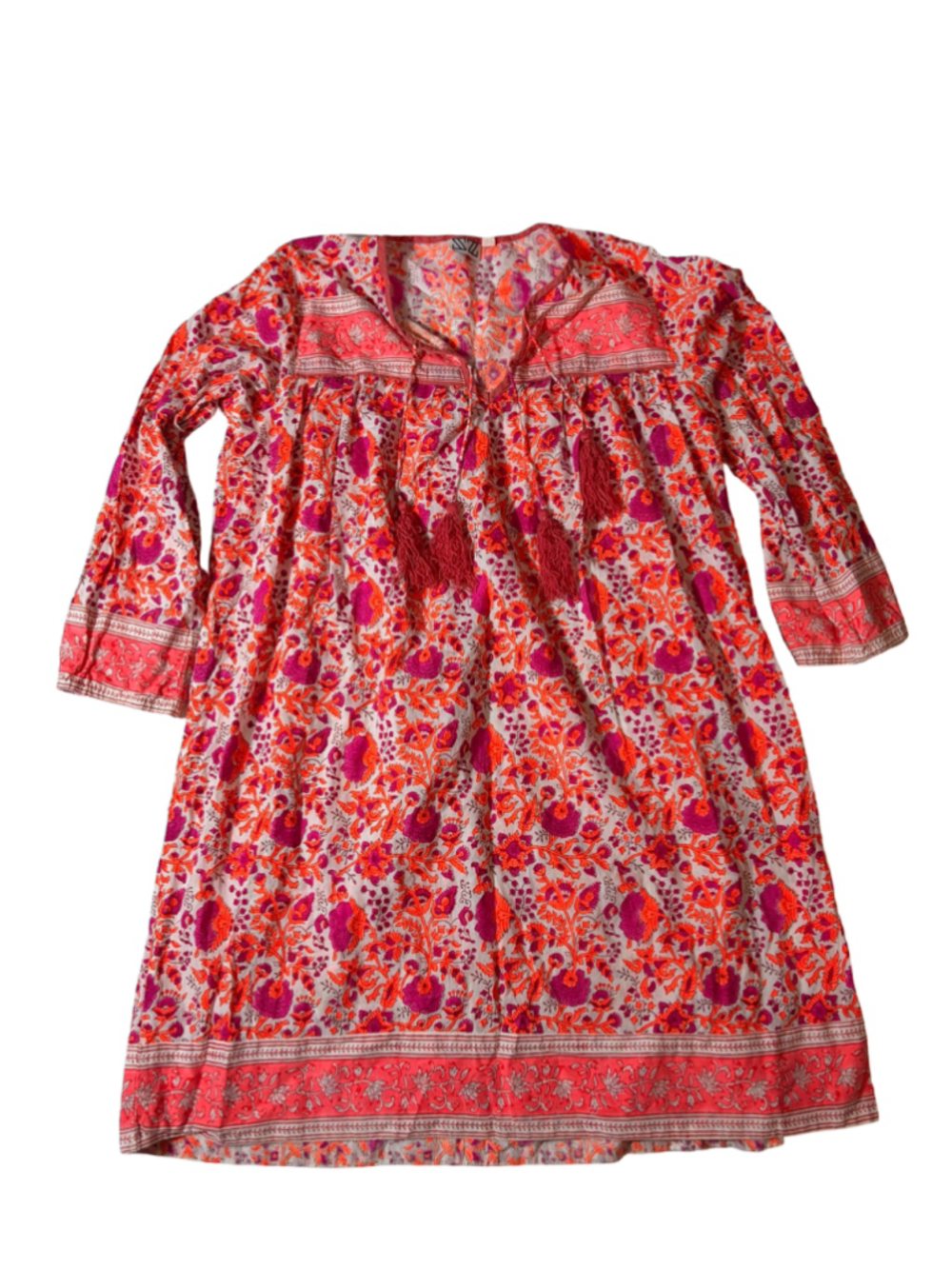 SZ Blockprints Floral Cotton Tassel Tunic Mini Dress Large Boho India